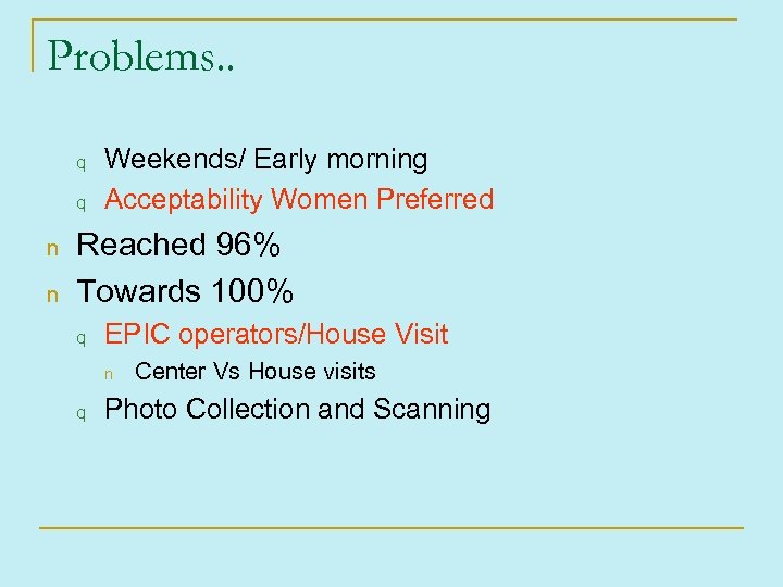 Problems. . q q n n Weekends/ Early morning Acceptability Women Preferred Reached 96%