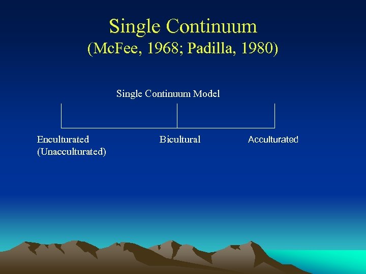 Single Continuum (Mc. Fee, 1968; Padilla, 1980) Single Continuum Model Enculturated (Unacculturated) Bicultural Acculturated