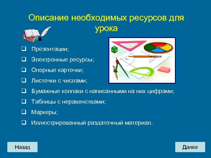 Описание необходимых ресурсов для урока q Презентации; q Электронные ресурсы; q Опорные карточки; q