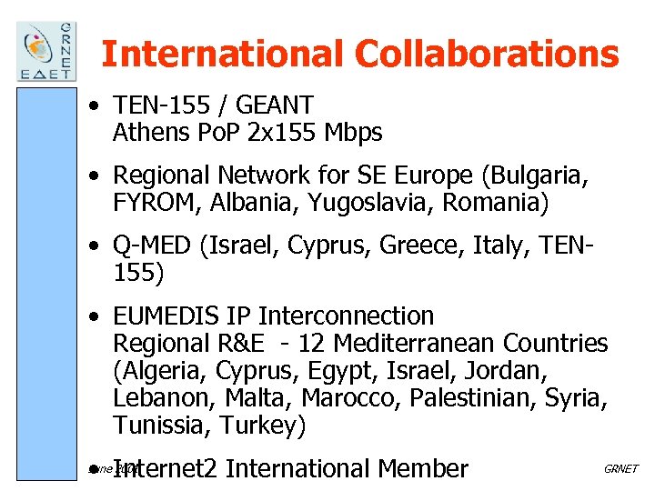International Collaborations • TEN-155 / GEANT Athens Po. P 2 x 155 Mbps •