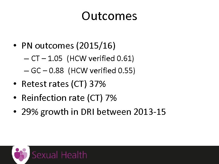 Outcomes • PN outcomes (2015/16) – CT – 1. 05 (HCW verified 0. 61)