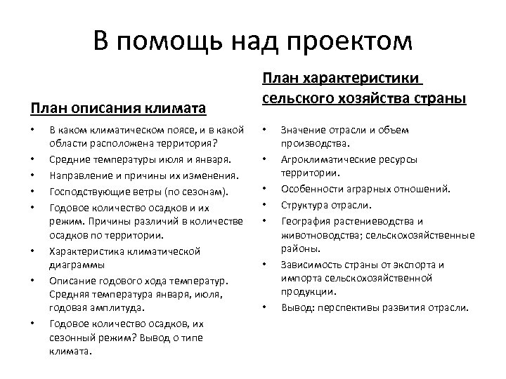 В помощь над проектом План описания климата • • В каком климатическом поясе, и
