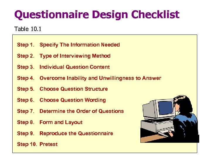 Questionnaire Design Checklist Table 10. 1 Step 1. Specify The Information Needed Step 2.
