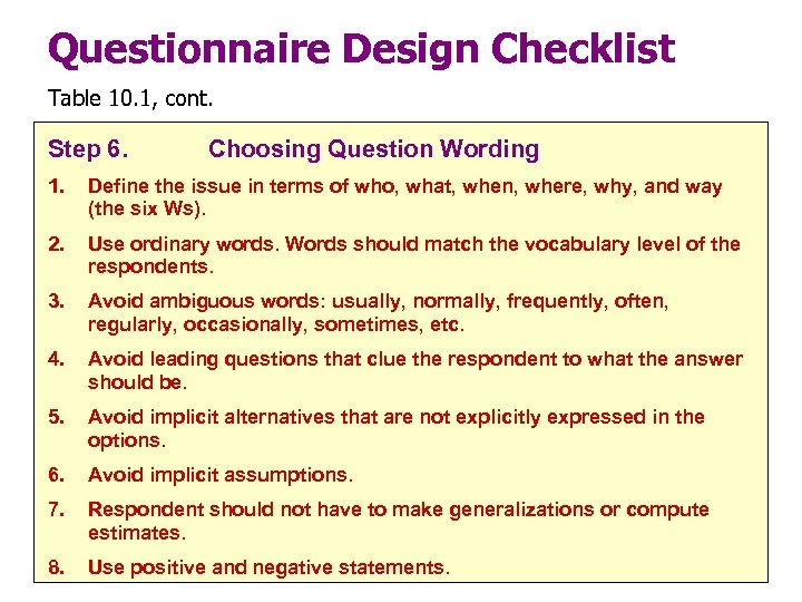 Questionnaire Design Checklist Table 10. 1, cont. Step 6. Choosing Question Wording 1. Define