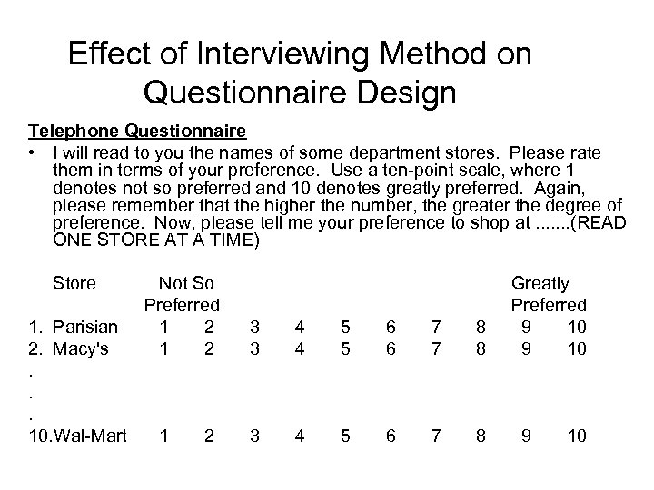 Effect of Interviewing Method on Questionnaire Design Telephone Questionnaire • I will read to