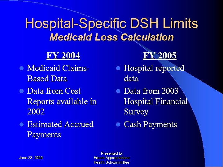 Hospital-Specific DSH Limits Medicaid Loss Calculation FY 2004 FY 2005 Medicaid Claims. Based Data