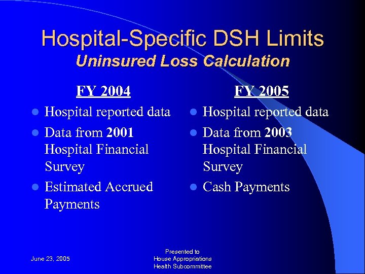 Hospital-Specific DSH Limits Uninsured Loss Calculation FY 2004 FY 2005 Hospital reported data l