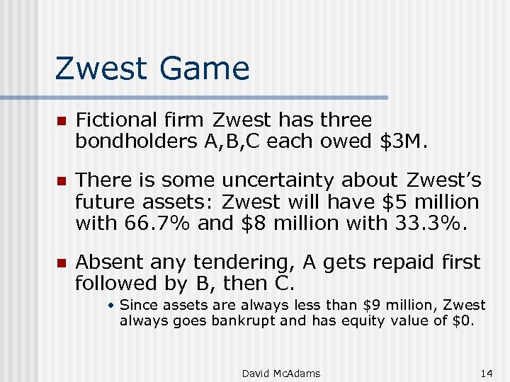 Zwest Game n Fictional firm Zwest has three bondholders A, B, C each owed