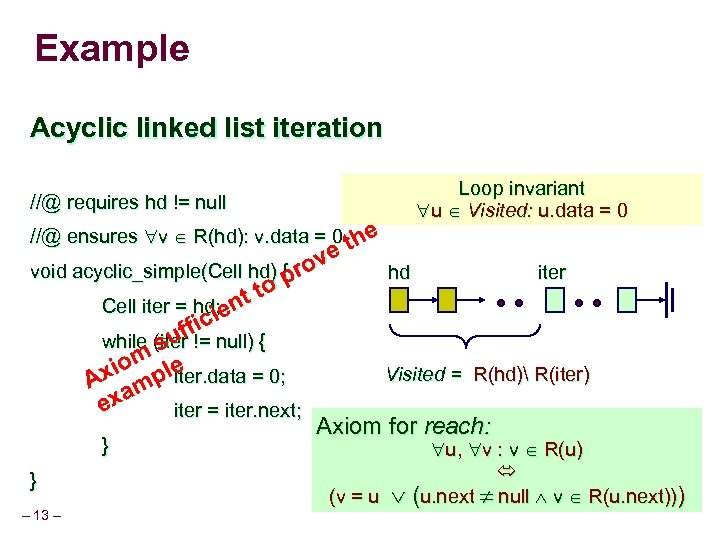 Example Acyclic linked list iteration //@ requires hd != null //@ ensures v R(hd):