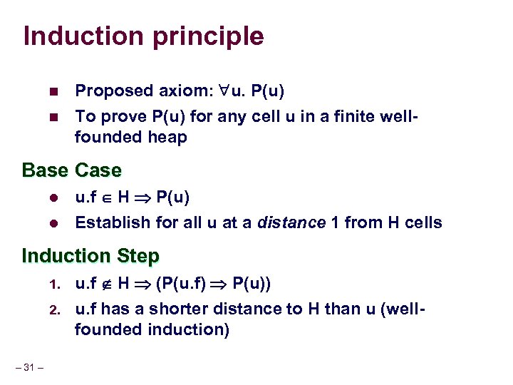 Induction principle n n Proposed axiom: u. P(u) To prove P(u) for any cell
