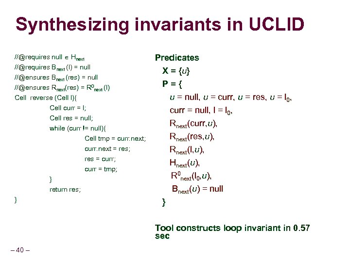 Synthesizing invariants in UCLID //@requires null Hnext //@requires Bnext (l) = null //@ensures Bnext