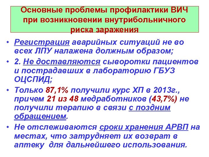 Основные проблемы профилактики ВИЧ при возникновении внутрибольничного риска заражения • Регистрация аварийных ситуаций не