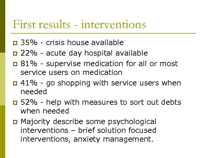 First results - interventions p p p 35% - crisis house available 22% -