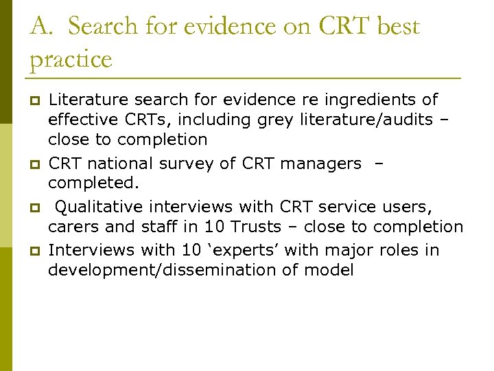 A. Search for evidence on CRT best practice p p Literature search for evidence