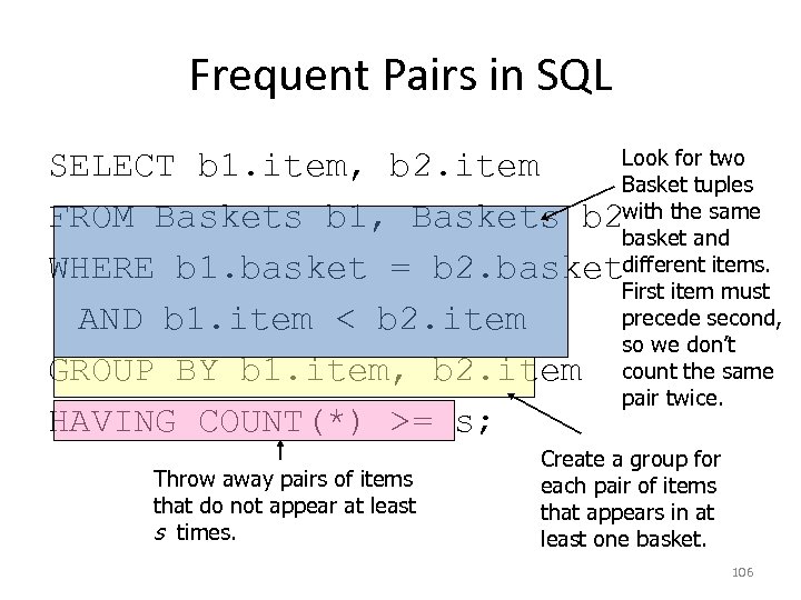 Frequent Pairs in SQL Look for two SELECT b 1. item, b 2. item