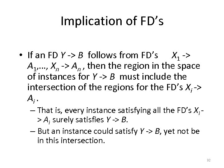 Implication of FD’s • If an FD Y -> B follows from FD’s X