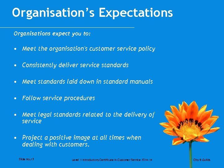 Organisation’s Expectations Organisations expect you to: • Meet the organisation's customer service policy •