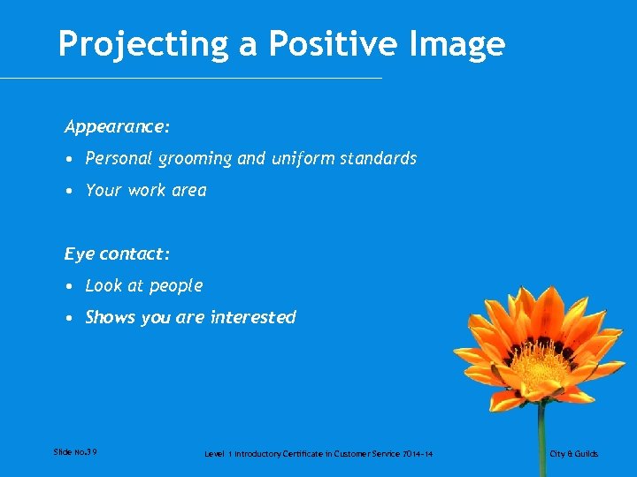 Projecting a Positive Image Appearance: • Personal grooming and uniform standards • Your work