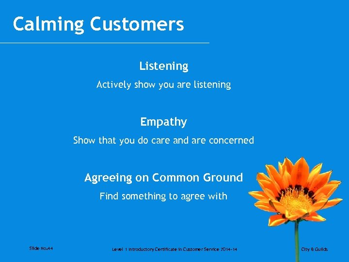 Calming Customers Listening Actively show you are listening Empathy Show that you do care