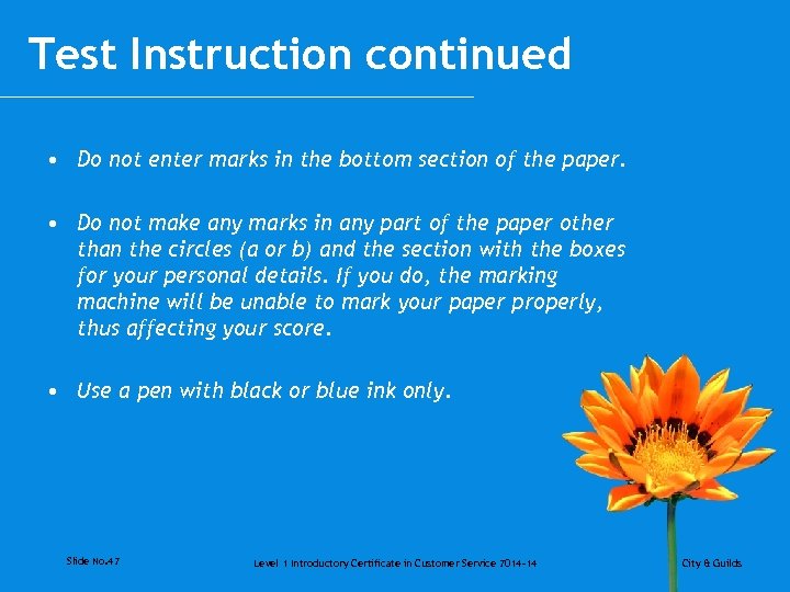 Test Instruction continued • Do not enter marks in the bottom section of the