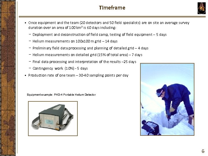 Timeframe • Once equipment and the team (20 detectors and 50 field specialists) are