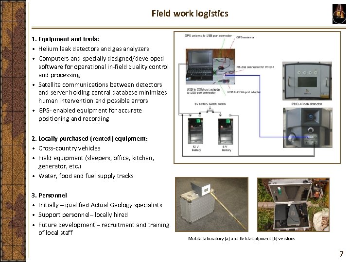 Field work logistics 1. Equipment and tools: • Helium leak detectors and gas analyzers