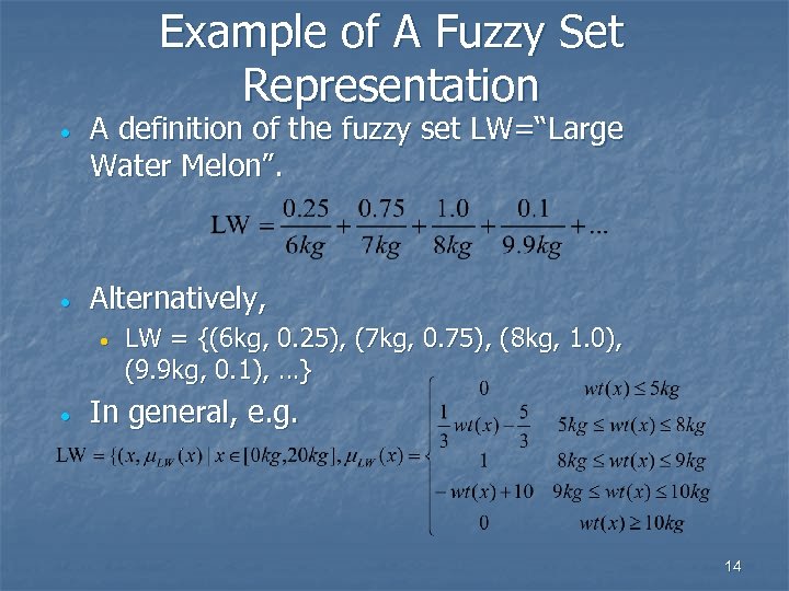 Example of A Fuzzy Set Representation · A definition of the fuzzy set LW=“Large