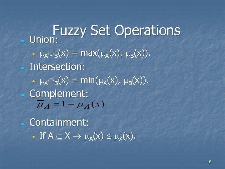 · Fuzzy Set Operations Union: · · A B(x) = max( A(x), B(x)). Intersection: