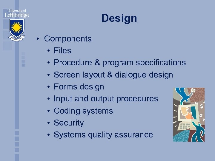 Design • Components • Files • Procedure & program specifications • Screen layout &