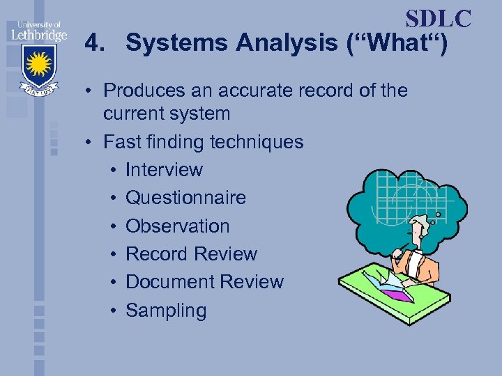 SDLC 4. Systems Analysis (“What“) • Produces an accurate record of the current system
