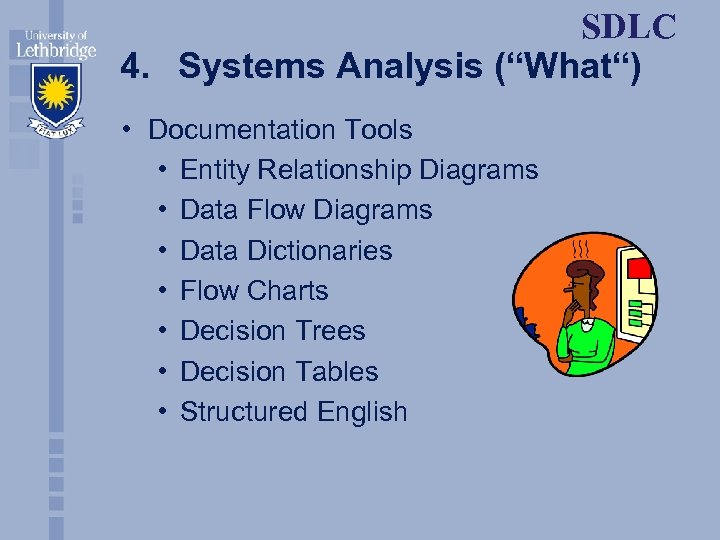 SDLC 4. Systems Analysis (“What“) • Documentation Tools • Entity Relationship Diagrams • Data