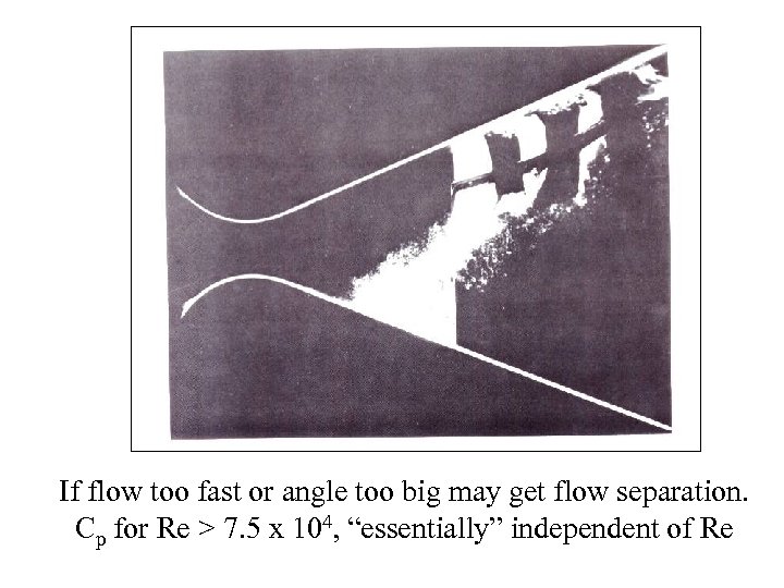 If flow too fast or angle too big may get flow separation. Cp for