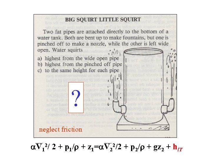 ? neglect friction V 12/ 2 + p 1/ + z 1= V 22/2