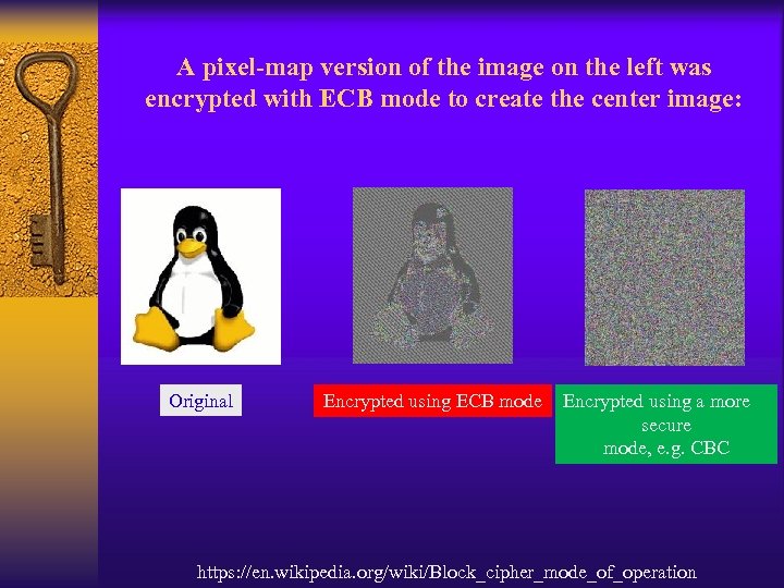 A pixel-map version of the image on the left was encrypted with ECB mode