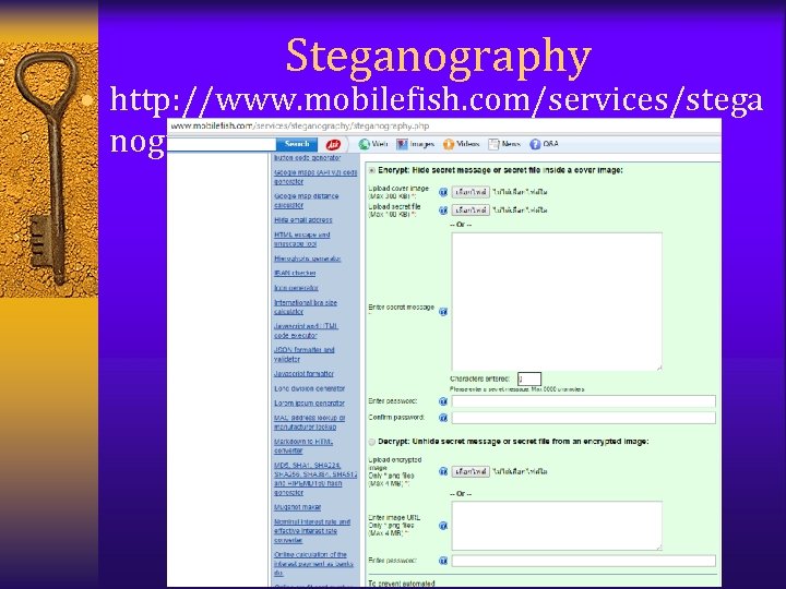 Steganography • http: //www. mobilefish. com/services/stega nography/steganography. php 