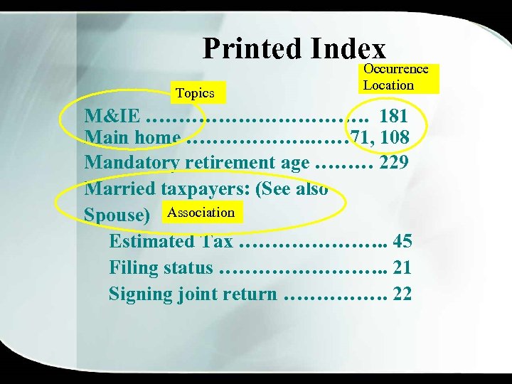 Printed Index Occurrence Topics Location M&IE ………………. 181 Main home ………………. …… 71, 108