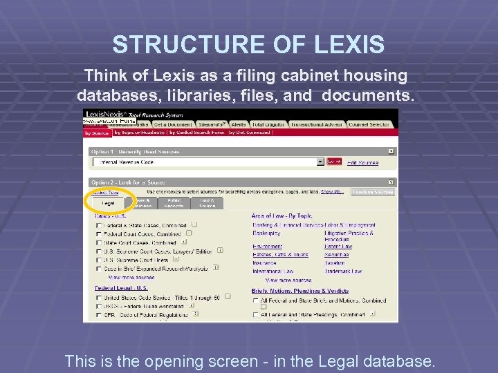 STRUCTURE OF LEXIS Think of Lexis as a filing cabinet housing databases, libraries, files,