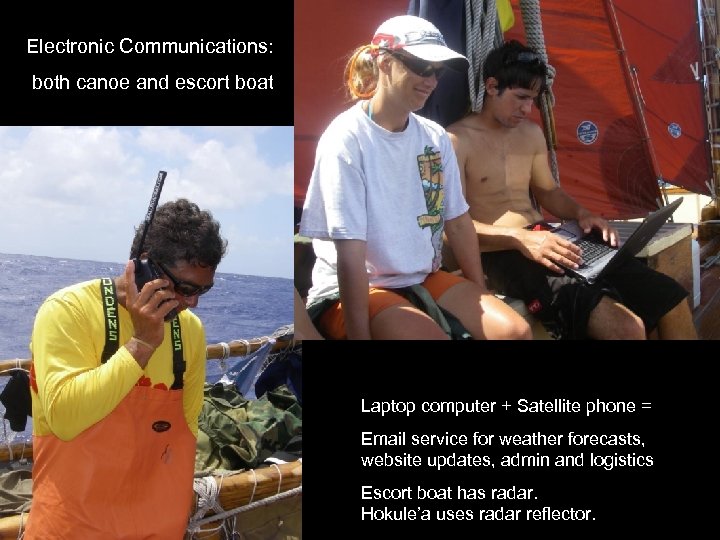 Electronic Communications: both canoe and escort boat Laptop computer + Satellite phone = Email