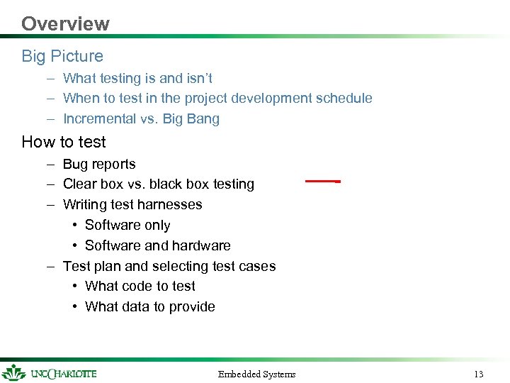 Overview Big Picture – What testing is and isn’t – When to test in