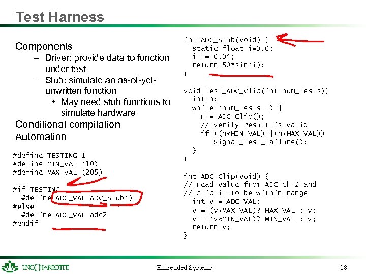 Test Harness Components – Driver: provide data to function under test – Stub: simulate