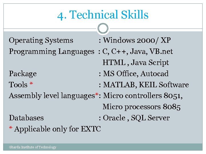 4. Technical Skills Operating Systems : Windows 2000/ XP Programming Languages : C, C++,