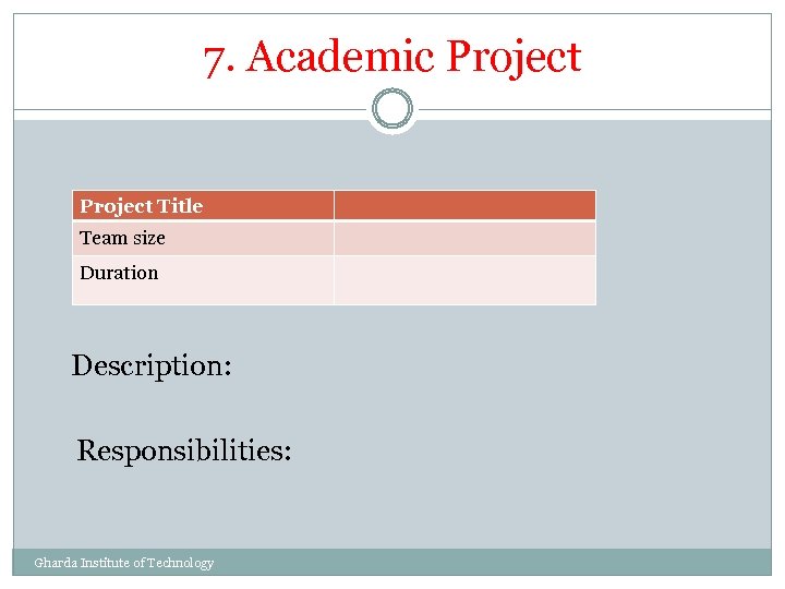 7. Academic Project Title Team size Duration Description: Responsibilities: Gharda Institute of Technology 