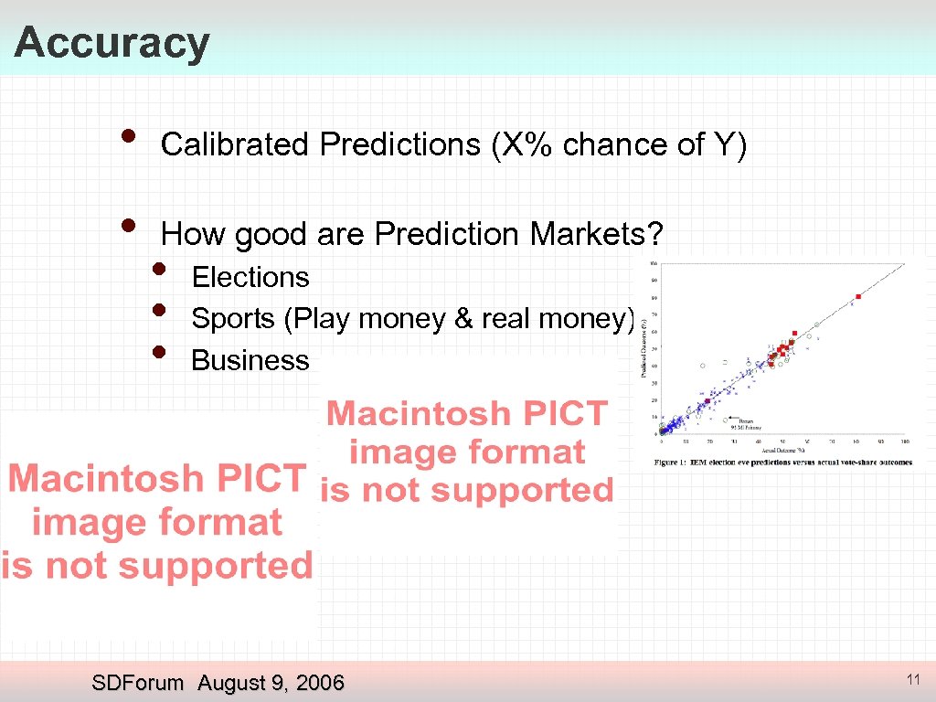 Accuracy • Calibrated Predictions (X% chance of Y) • How good are Prediction Markets?