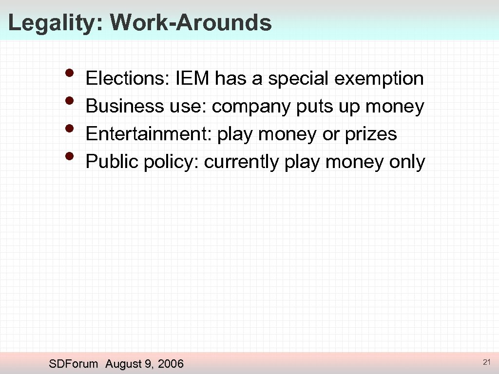 Legality: Work-Arounds • • Elections: IEM has a special exemption Business use: company puts
