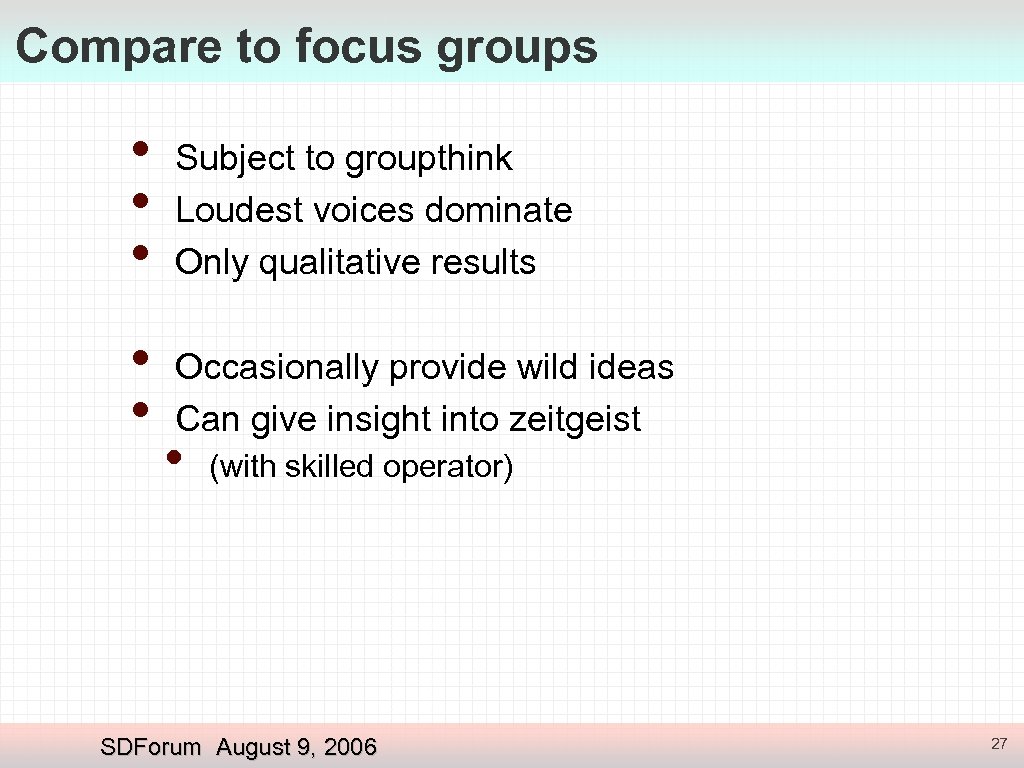 Compare to focus groups • • • Subject to groupthink Loudest voices dominate Only