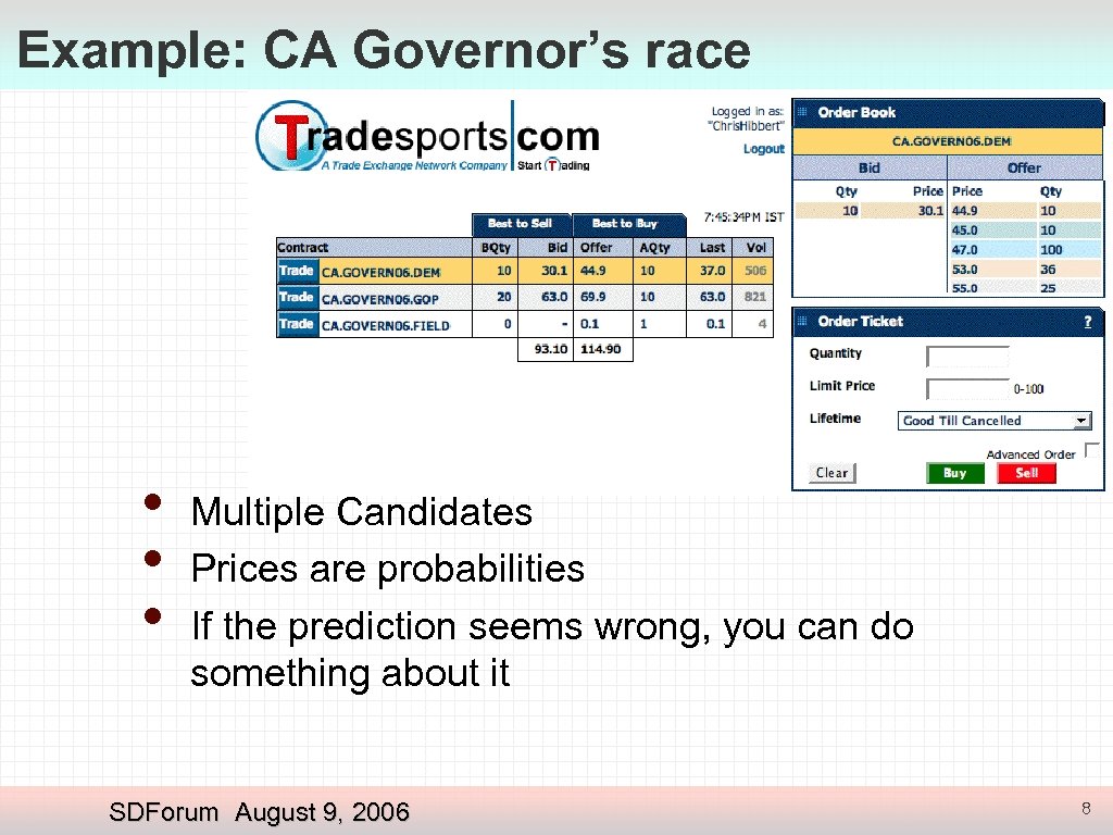 Example: CA Governor’s race • • • Multiple Candidates Prices are probabilities If the