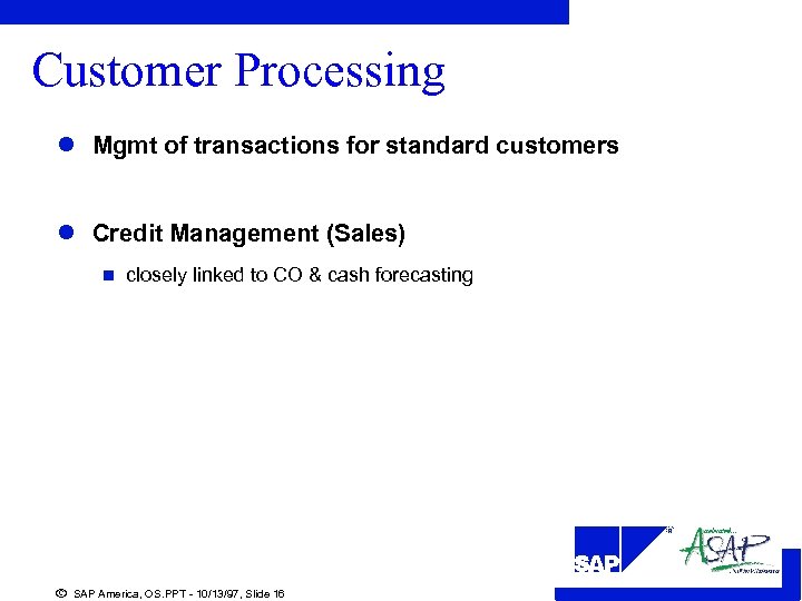 Customer Processing l Mgmt of transactions for standard customers l Credit Management (Sales) n