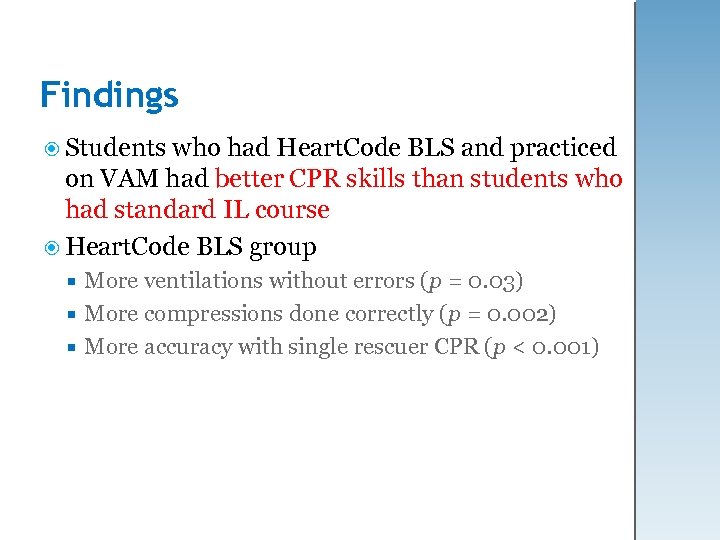 Findings Students who had Heart. Code BLS and practiced on VAM had better CPR