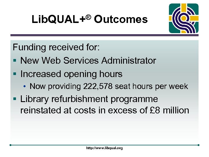 Lib. QUAL+® Outcomes Funding received for: § New Web Services Administrator § Increased opening