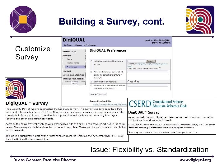 Building a Survey, cont. Customize Survey Issue: Flexibility vs. Standardization Duane Webster, Executive Director